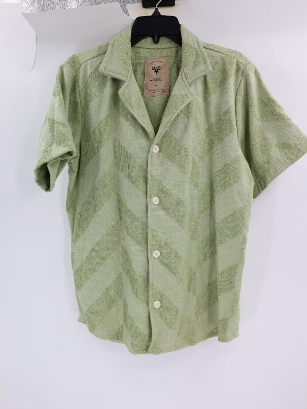 OAS Shirt Mens Medium Soft Terry Cotton Chevron Camp Collar Resort Green casual